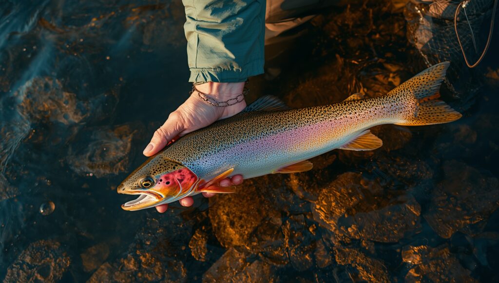Angler practicing catch-and-release in Montana river with barbless circle hooks